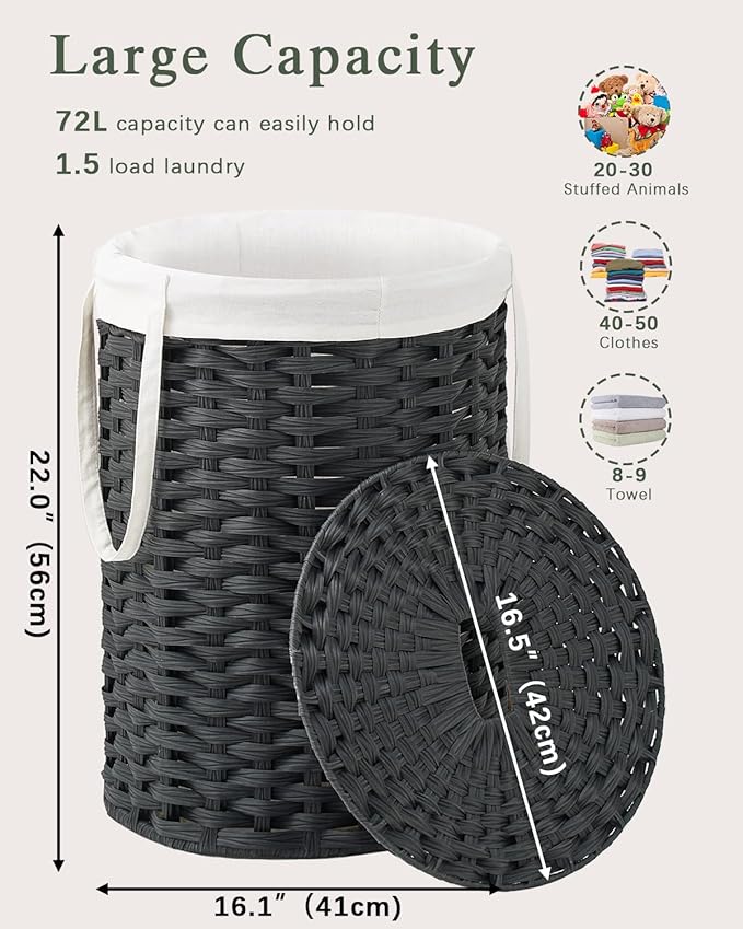 SETVSON Laundry Hamper with Lid Laundry Basket with Lid 19.0 Gal (72 L) Round Wicker Laundry Basket Handwoven Rattan Basket with Lid Removable Bag 2 Mesh Bags Handles for Living Room Bathroom Black