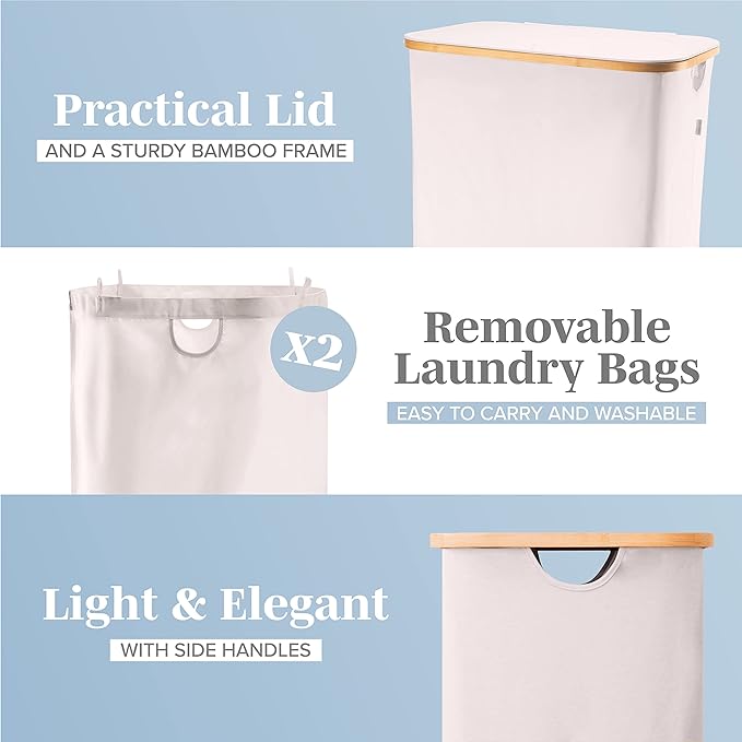 LONBET Laundry Basket with Lid, Made from Breathable Fabric | Aesthetic Clothes Hampers for Laundry with Side Handles & Sturdy Bamboo Frame (40 Gallons - Double, Beige)