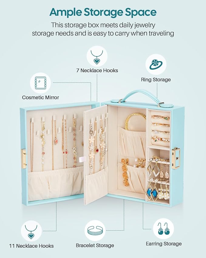 Enthralite Large Travel Jewelry Case: Portable Necklace Box with Mirror - PU Leather & Velvet Lined Jewelry Organizer for Ring Earring Bangle Bracelets Watch - Birthday Gift for Her