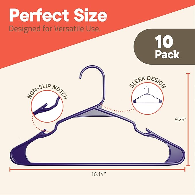 Purple Plastic Hangers 10 Pack– Heavy-Duty Plastic Hangers Slim and Space-Saving, Durable and Lightweight with Non-Slip Shoulder Notches for Slip Dresses, Suits, Jackets & Camisoles