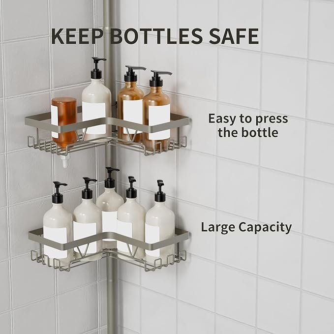 KEGII Shower Caddy Tension Pole, 4-Tier Rustproof Adjustable Corner Bathroom Organizer for Renters, 25–114.2 Inch No Drill Space-Saving Shower Storage Rack, Silver Gray