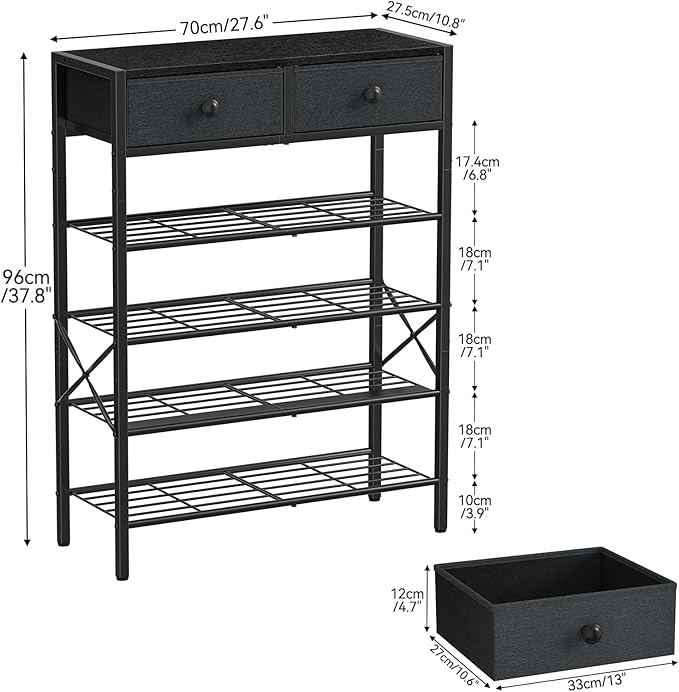 Shoe Rack for Entryway, 5 Tier Shoe Organizer with 2 Non-Woven Drawers, Metal Storage Shoe Shelf for 16-20 Pairs of Shoes, with Wooden Top and Steel Frame, Shoe Stand for Closet Black Grey