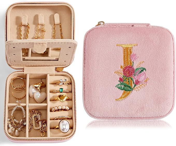 Smileshe Personalized Gifts for Mom Mothers Day, Birthday, Graduation Gift for Girls Fashion, Travel for Teen Girls Trendy Stuff, Velvet Jewelry Box with Flower, Letter J, Pink