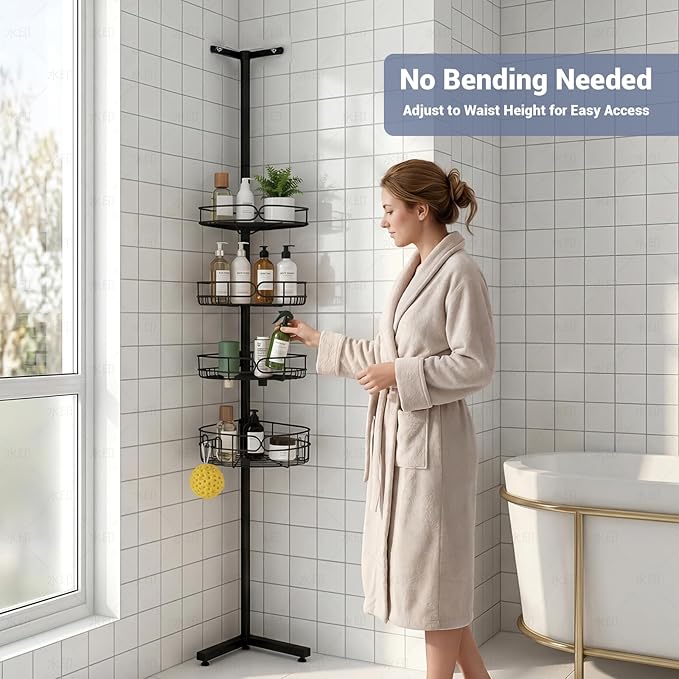 Standing Shower Caddy Corner, 4-Tier Adjustable Height Bathroom Organizer, 6-Section Pole, Sturdy Floor Standing Shelf for Shower or Bathtub – No Drilling, No Spring Tension