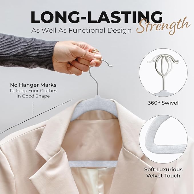 Our Modern Space 100 Pack Velvet Hanger for Shirt Pants Dresses Skirts Suits Jackets - Slim Space Saving Design - Standard Coat Hanger - Sturdy & Durable Design with Shoulder Grooves Hook