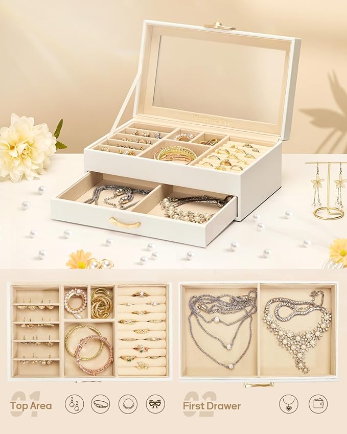 Enthralite Jewelry Box with 1 Drawer: Display Organizer for Earrings Necklaces - Gift for Girls Women (White)