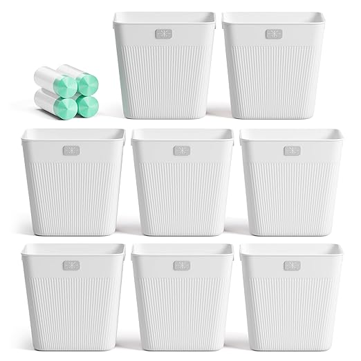 JOYMOOP Slim Trash Can 8-Pack, 2.9 Gallon Plastic Wastebasket for Bathroom, Bedroom, Office, Kitchen with 4 Rolls Bags, White