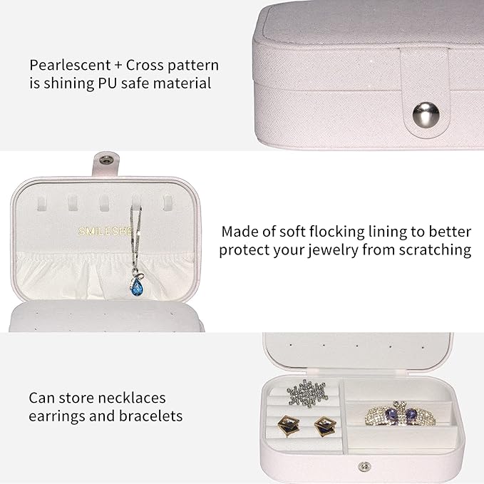 Smileshe Jewelry Box, PU Leather Small Portable Travel Case, 2 Layers Organizer Display Storage Holder Box for Rings, Earrings, Necklaces, Bracelets