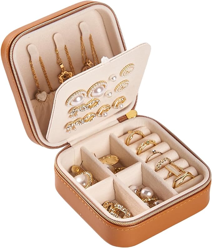 Travel Jewelry Box, PU Leather Small Jewelry Organizer for Women Girls, Portable Mini Travel Case Display Storage Holder Boxes for Stud Earrings, Rings, Necklaces (Brown)