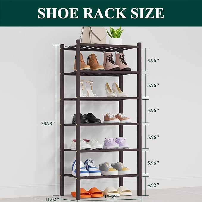 Smiry Shoe Rack, 6 Tier Thick Small Bamboo Shoe Organizer, Stackable Free Standing Wooden Shoe Storage Shelf for Closet, Entryway, Front Door Entrance, Brown