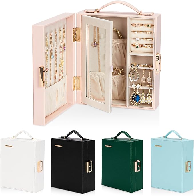 Enthralite Large Travel Jewelry Case: Portable Necklace Box with Mirror - PU Leather & Velvet Lined Jewelry Organizer for Ring Earring Bangle Bracelets Watch - Birthday Gift for Her
