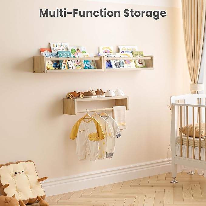 upsimples 2 Pack Nursery Book Shelves, 15.7 Inch Floating Bookshelves for Wall, Baby Nursery Decor, Small Solid Wood Wall Mounted Shelves for Baby Kids Boys Girls, Natural