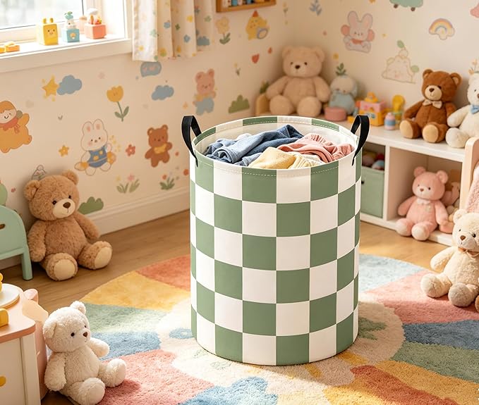 Baby Laundry Basket Baby Nursery Hamper Kids Laundry Basket Toy Storage Bin for Boys Room Decor Gift Baskets for Bedroom Bathroom(Green Checkered)