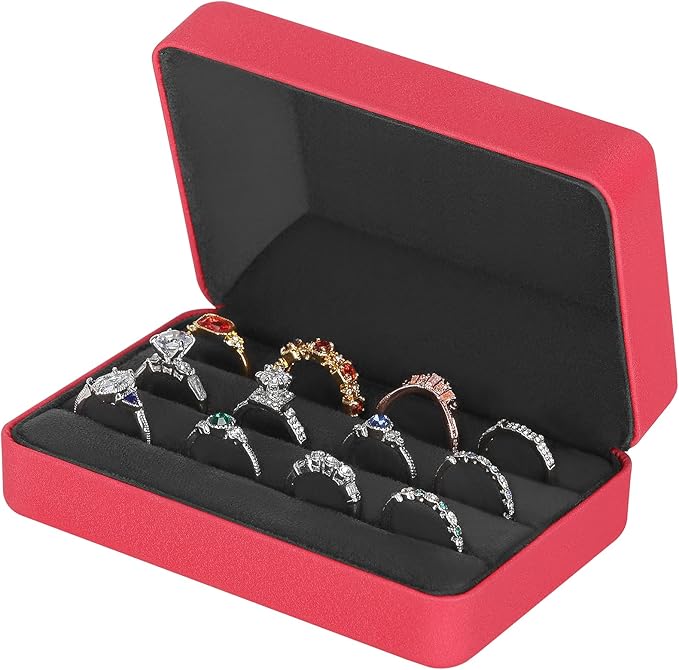 KUKUVR Velet Ring Storage Box for Multiple Rings, Travel Jewelry Ring Stud Earrings Holder Case, 3 Slot Portable Ring Display Organizer Case (Red)
