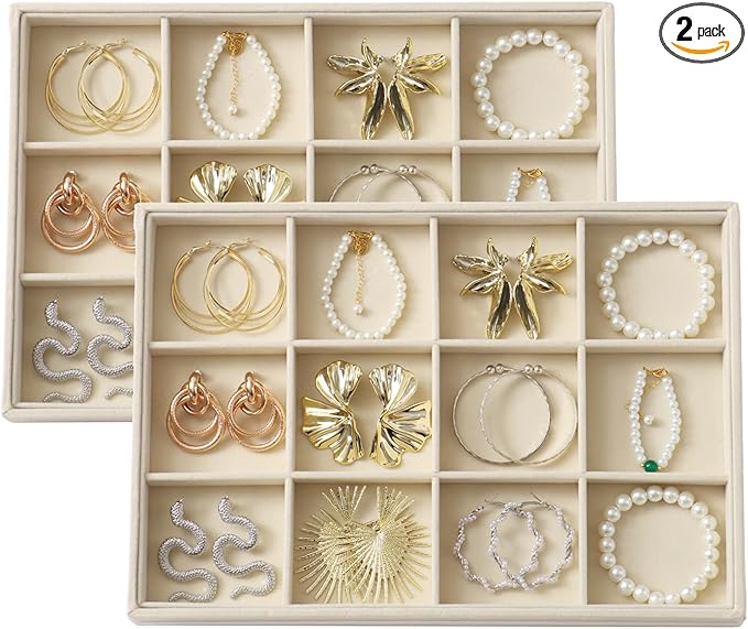 Large Velvet Jewelry Tray 2 Pack Stackable Jewelry Display Drawer Inserts Trays Organizer for Earring Bracelet Necklace Ring (Beige, 12 Grids)