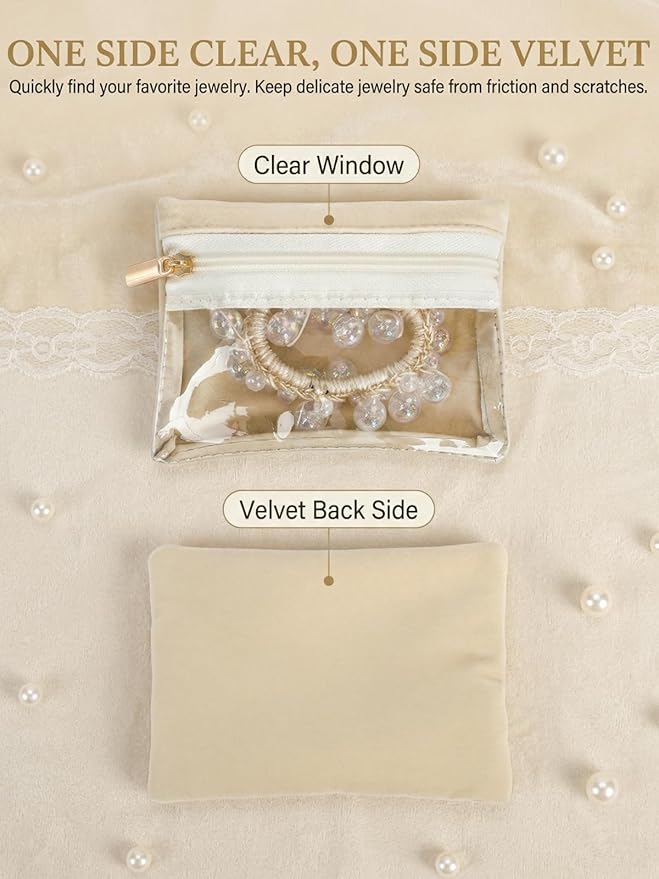 Hacaroa Travel Jewelry Case with 12 Velvet Pouches, Jewelry Storage Organizer Box PU Leather, Clear Window Small Bags Wedding Gifts for Earrings, Necklaces, Bracelets, Rings, Women, Girls, Cream White