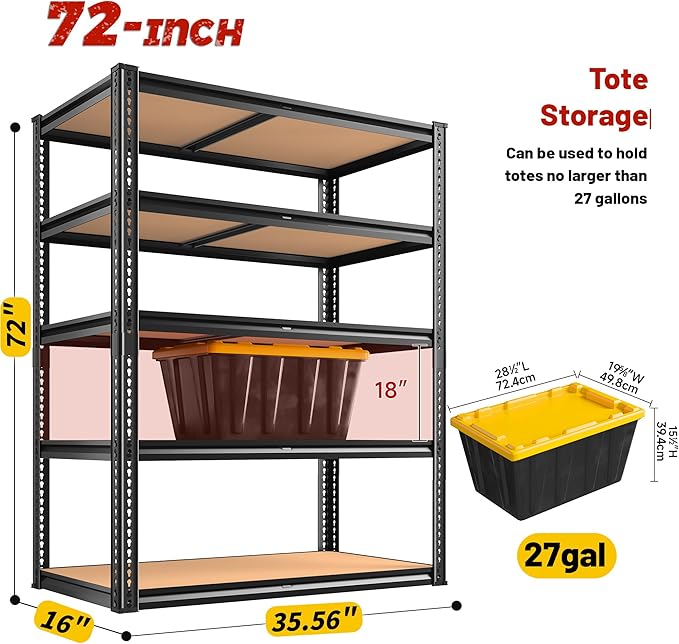 ROOMFAVE 2250LBS Storage Shelves Heavy Duty 5 Tier Garage Storage Shelving, Adjustable Metal Shelving Unit Utility Rack Shelf for Warehouse,Pantry,Closet,Kitchen 72" H x 35.56" W x 16" D, Black,Gift