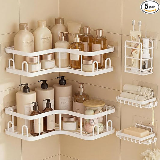 Veken Corner Shower Caddy 5-Pack, Advanced Rustproof Design, No Drilling Adhesive Shelves, Rack with Soap Holder, Large Capacity Bathroom Organizers and Storage, Wall-Mounted Kitchen&Home Decor,White