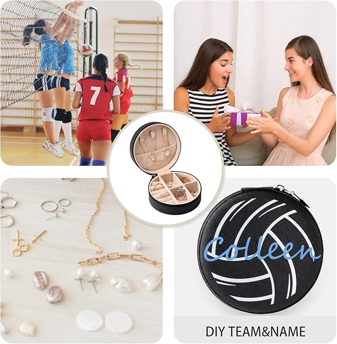 6 Pack Volleyball Mini Travel Jewelry Case Portable Black Round Volleyball Stuff Jewelry Organizer Storage Case for Team Athletes & Sports Enthusiasts Christmas Events & Milestones