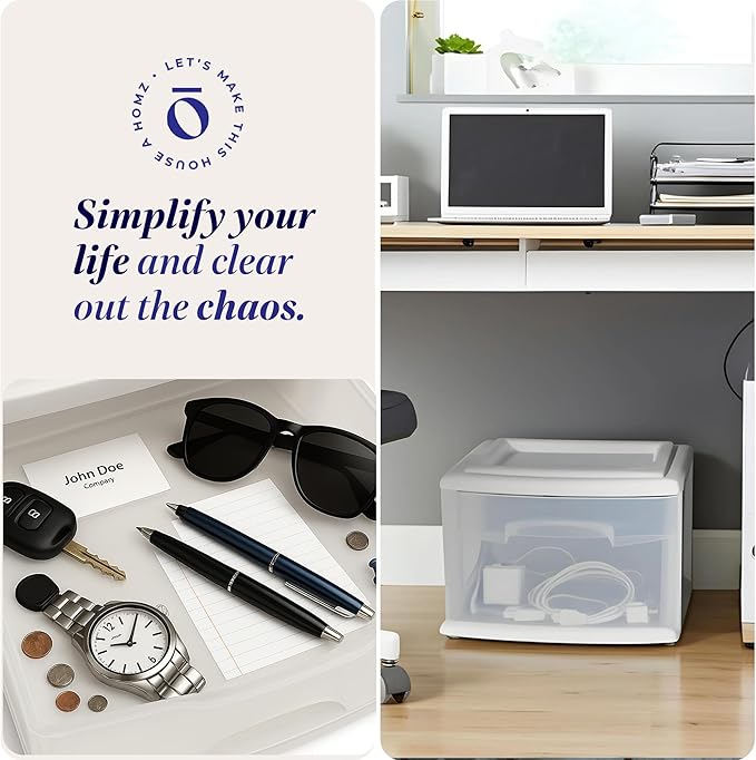 HOMZ 2-Pack 1-Drawer Storage Cart, Clear Plastic Container, 14.25" Wide Medium, White Frame - Organizing Drawer Containers for Home, Bathroom, Bedroom, Office, and Classroom