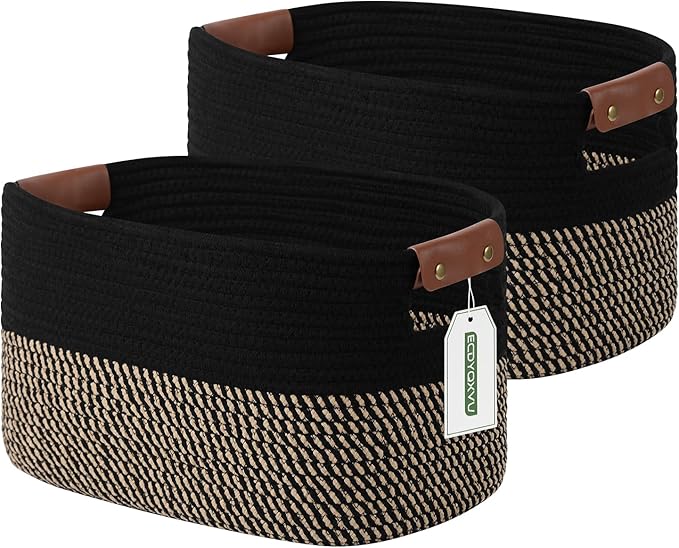 ECDYQXVU Cotton Rope Basket, Storage Baskets with Handle, 15x10x9 Inch Woven Basket for Shelves, Laundry, Towels, Clothes, Books, (Black Brown 2 Pack)