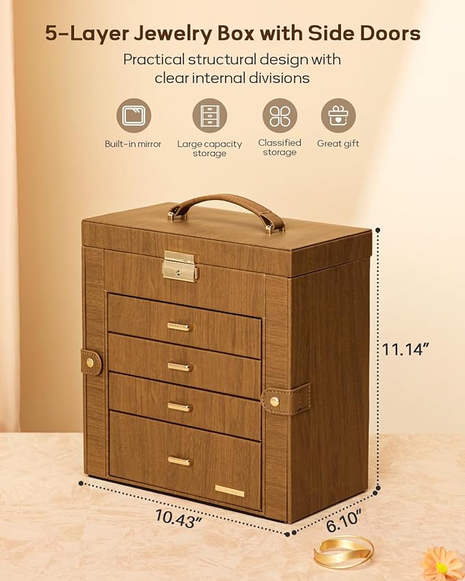 Homde Mothers Day Gifts Synthetic Leather Huge Jewelry Box Mirrored Watch Organizer Necklace Ring Earring Storage Lockable Gift Case (Brown + Gold)