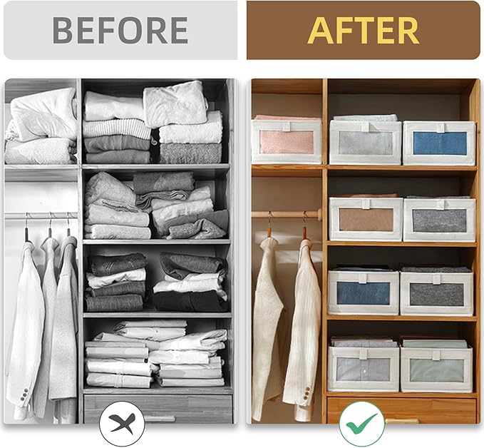 Pradnel Linen Closet Organizers And Storage, 4 Pack Storage Bins Baskets for Organization Foldable Organizer with Clear Window Organizing Clothing, Jeans, Shelves