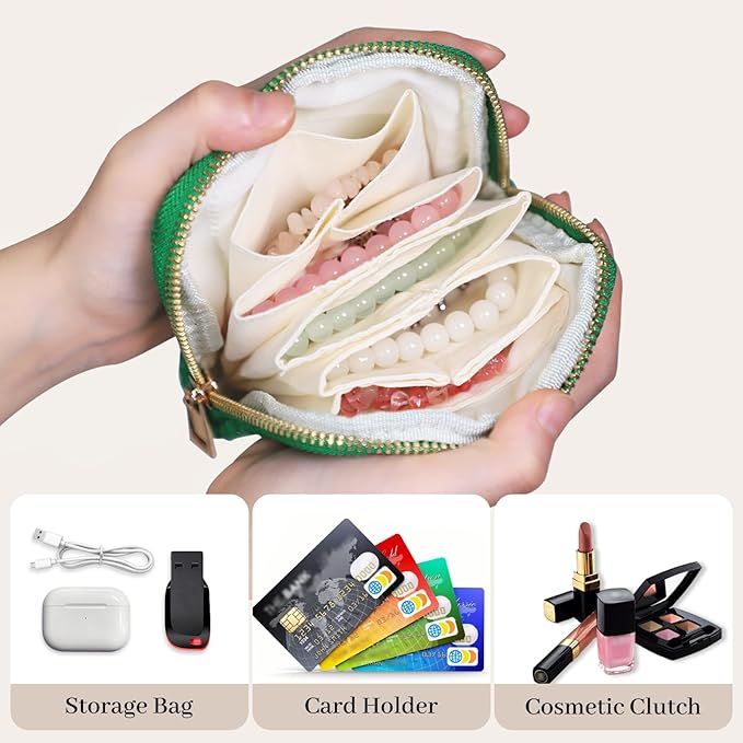 Stratalife Travel Jewelry Organizer - Portable Travel Jewelry Case for Bracelets, Bangles Crystal Storage, Necklace Ring Holder with Zipper Small Pouches Gift for Women, Green