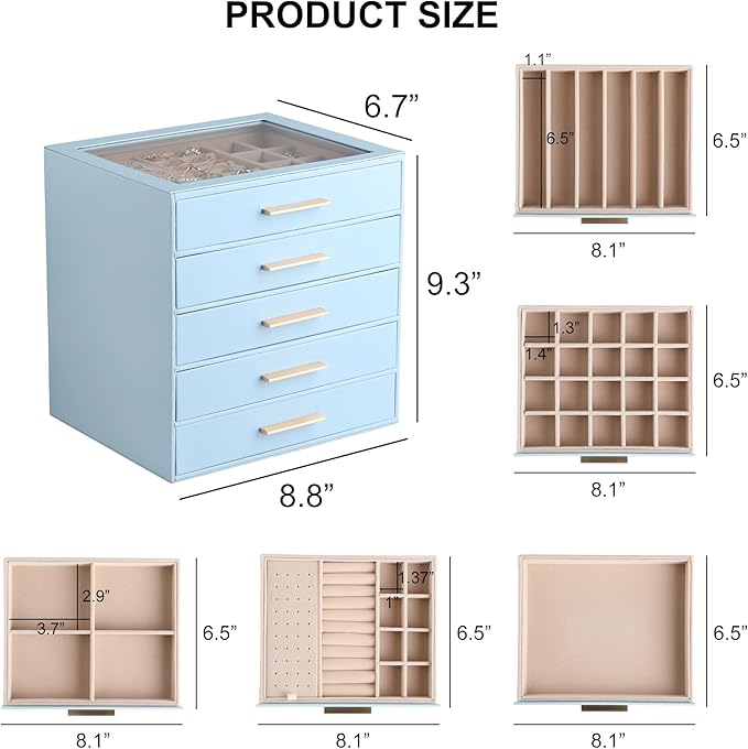 Frebeauty Clear Lid Jewelry Box,5-Layer Jewelry Organizer with Drawer,PU Leather Jewelry Organizers and Storage,Jewelry Boxes for Women,Jewelry Storage for Rings Earring Stud,Gift for Women(Sky Blue)