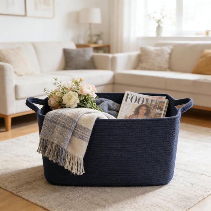 96L Large Blanket Basket,24"x16"x15"Rectangle Storage Bin with Handles,Woven Rope Laundry Basket for Toys, Clothes,Magazines,Home Organization,Nursery,Living Room & Bedroom,Navy