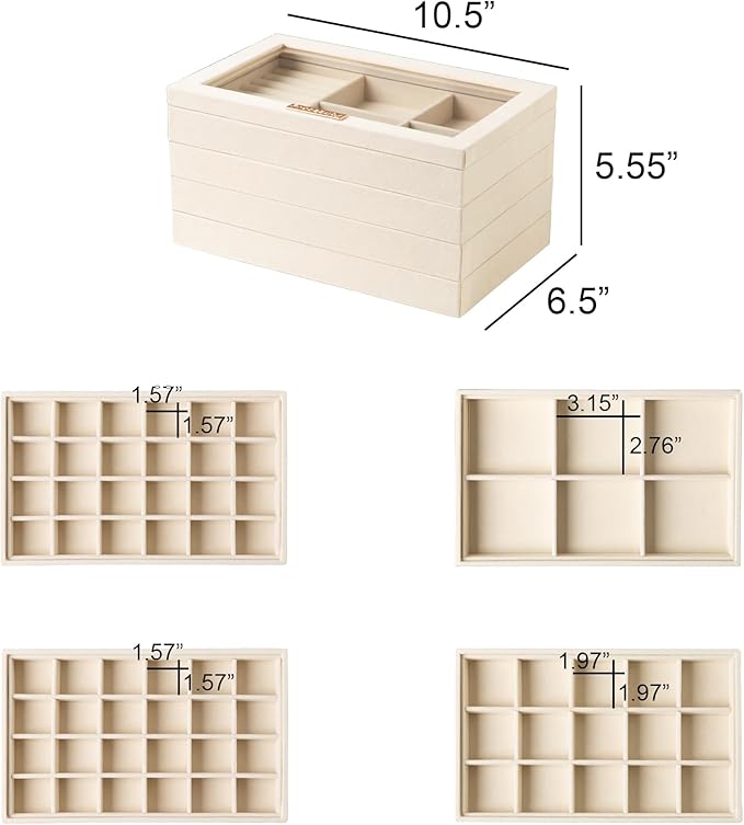 Frebeauty Earring Holder Stackable Jewelry Trays,Velvet Drawer Jewelry Organizer with Glass Lid, 5 in 1 Jewelry Box for Earrings Rings Studs,10.5 x 6.5 x 5.55 Inches Gift for Women (Beige)