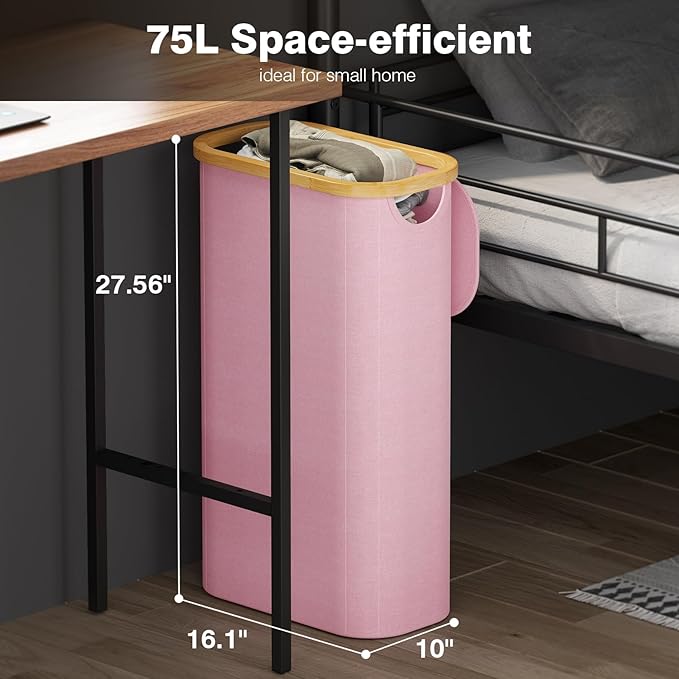 Bathola 75L Slim Laundry Hamper with Lid, Dirty Clothes Hampers for Laundry, Collapsible Laundry Baskets for Small Spaces, Bedroom, Bathroom, Laundry Room, Pink