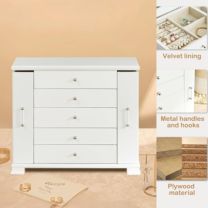 White 5 Layer Huge Jewelry Box,Top With Mirror Wooden Jewelry Organizer Box,With 8 Hook And Velvet Lining Antique Jewelry Box For Women,For Watch Necklace Ring Earring Storage Gifts