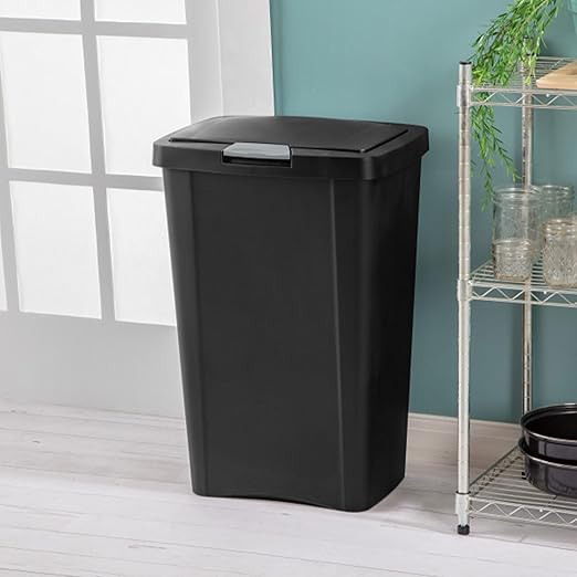Sterilite 13 Gallon TouchTop Narrow Plastic Wastebasket with Secure Titanium Latch for Kitchen, Bathroom, and Office Use, Black (8 Pack)