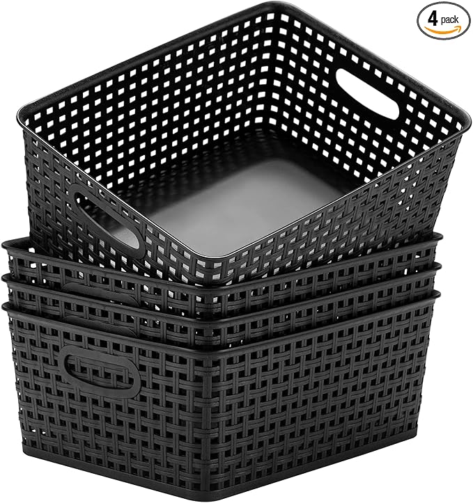 Eslite Plastic Storage Baskets for Organizing,11"X8.5"X4.7",Pack of 4 (Black)