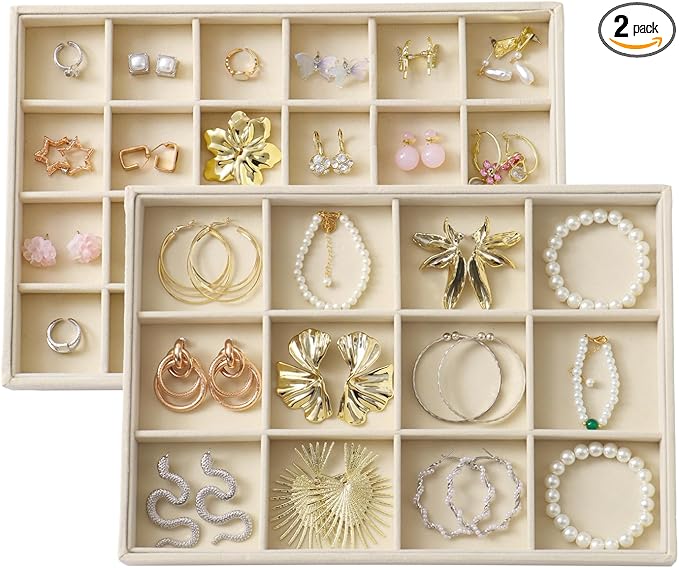 Large Velvet Jewelry Tray 2 Pack Stackable Jewelry Display Drawer Inserts Trays Organizer for Earring Bracelet Necklace Ring (Beige, 12 Grids+24 Grids)