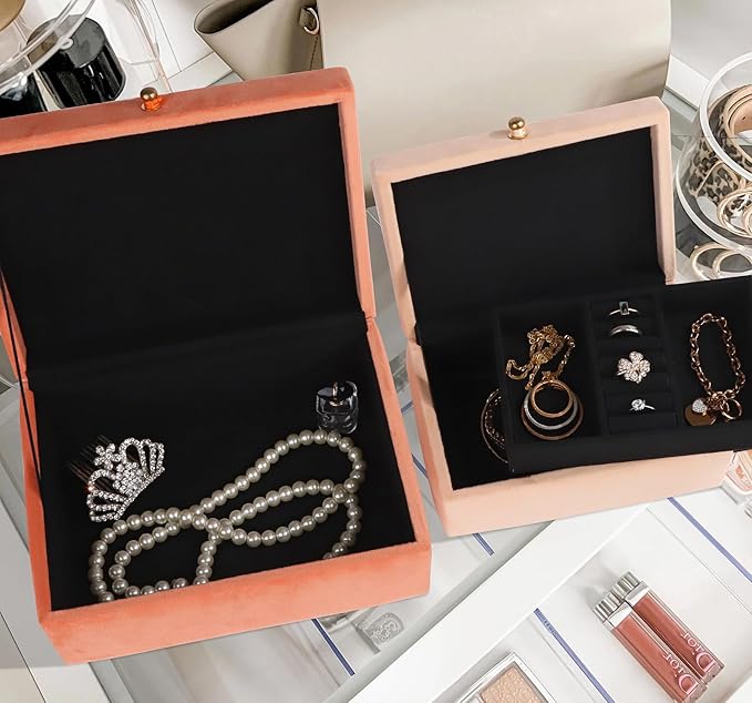 HofferRuffer Velvet Jewelry Boxes Decorative Boxes, Storage Accessory Organizer Boxes with Elegant Handle Decor, Classic Velvet Set of 2 Pieces (Orange)