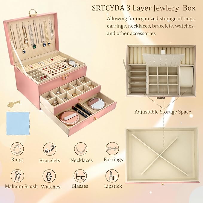 SRTCYDA Jewelry Box for Women, Large PU Leather jewelry organizers and storage, 3-Layer Jewelry Storage with 2 Drawers, Space-Saving Design for Vanity, Holds All Types of Jewelry (Pink)