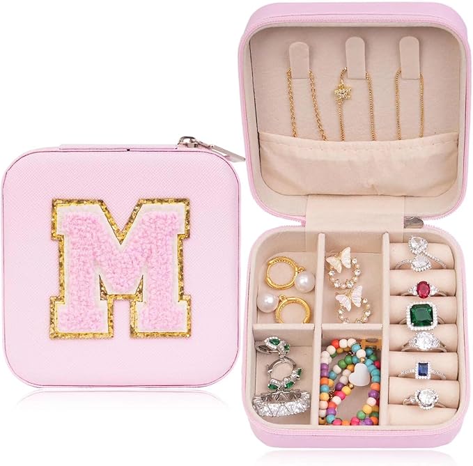 ETHOON Jewelry Travel Case Small Organizer Stocking Box Personalized Gifts Teenage Jewelry Accessories Holiday Wedding Christmas Gift for Women Pink, Letter M
