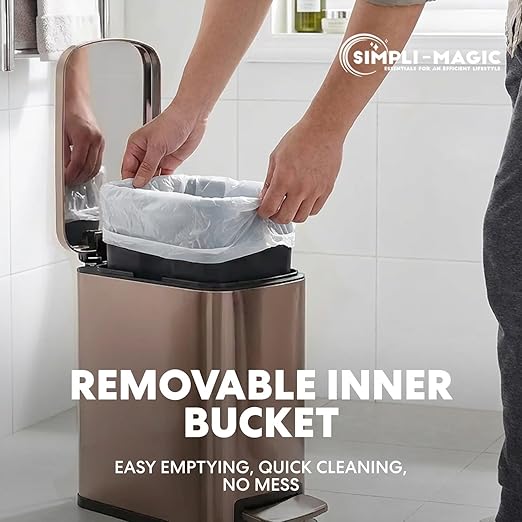 SIMPLI-Magic 6L/1.6G Stainless Steel Bathroom Trash Can with Hands-Free Foot Pedal, Quiet Soft-Close Lid, Compact Space-Saving Size