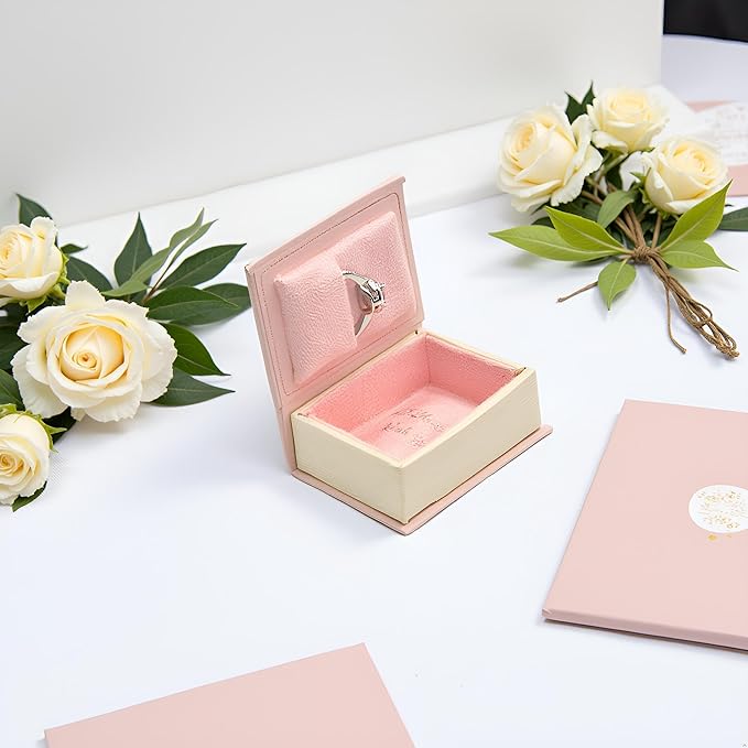 Book Shaped Ring Box - Vintage Engagement Ring Box with Hinged Lid for Proposal Engagement Wedding, Proposal Ring Case -PRB012-Pink