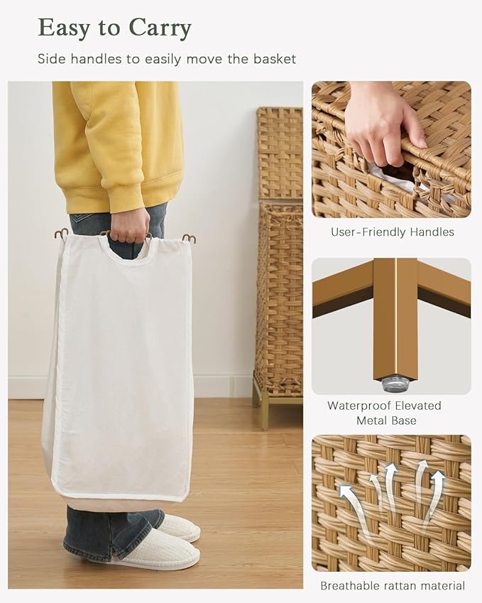 SETVSON Laundry Hamper with Lid 132 L, (35 Gallons) Clothes Hamper with Lid, Handwoven Rattan Laundry Hamper with Metal Heightened Feet, Laundry Hampers with 3 Removable Liner Bags for Laundry-Natural