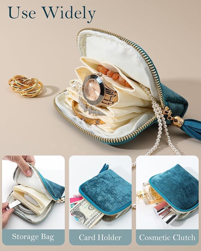 COOLYOUTH Travel Jewelry Case Organizer for Women Portable Jewelry Box with Small Pouches Mini Jewelry Bag for Rings, Bracelets, & Bangles with Smooth Metal Zipper (Mint Blue)