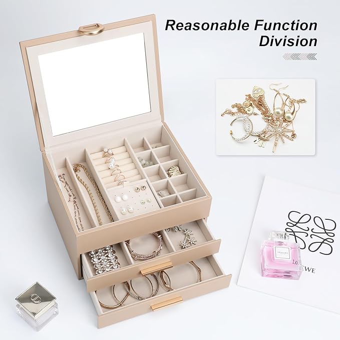Elegant Gift Jewelry Box with Mirror - 3-Layer Organizer for Earrings, Rings, Necklaces, Ready to Give for Birthday Anniversary Christmas Apricot