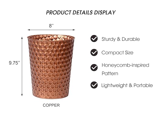 Venalys Small Metal Trash Can Wastebasket, Decorative Honeycomb Garbage Can Waste Basket, Modern Farmhouse Round Trash Bin for Bathroom, Bedroom, Kitchen and Office (Copper)