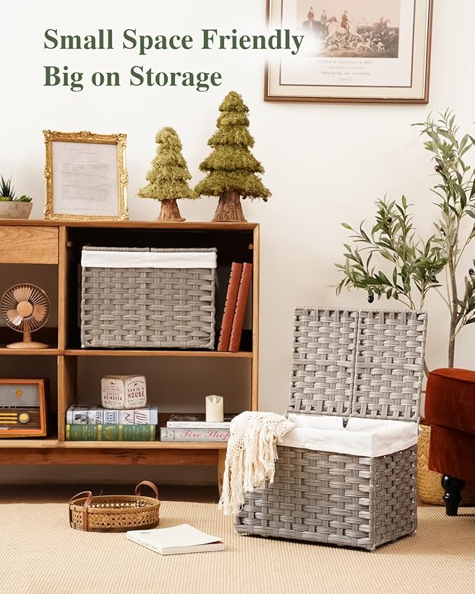 SETVSON Storage Basket with Lid Woven Wicker Baskets with 2 Separate Lid, 9.2 Gallon (35 L) Wicker Storage Bins with Handles, Foldable and 2 Removable Liner Bags for Bedroom, Laundry Room Gray
