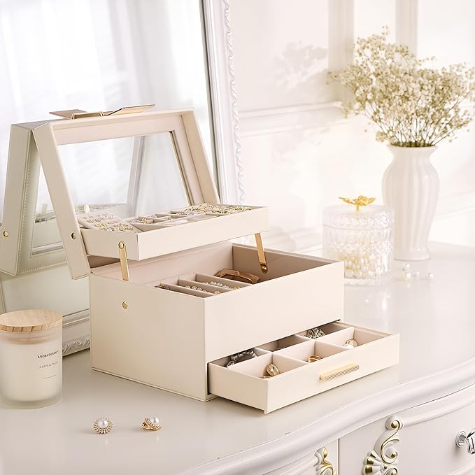 Lolalet Jewelry Box, Clear Window Jewelry Organizer with Drawer for Earrings Bracelets Necklaces Rings, Jewelry Storage for Women -White, 3 Layers