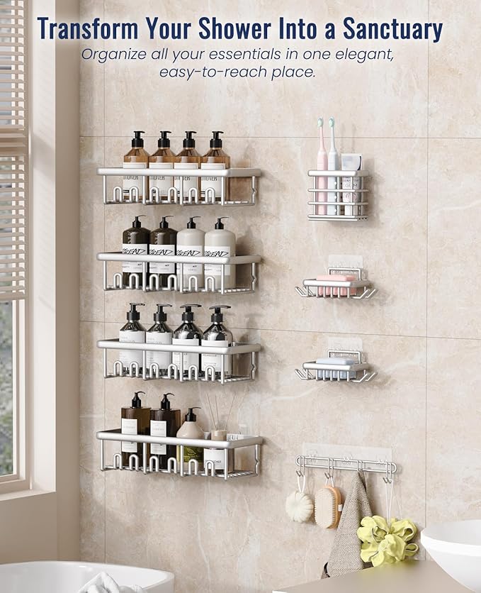 8 Pack Adhesive Rustproof Shower Shelves with Soap Dishes, Toothbrush Holder & Hooks, Large Capacity No-Drilling Shower Shelves Rack for Bathroom Organizers and Storage Accessories, Silver