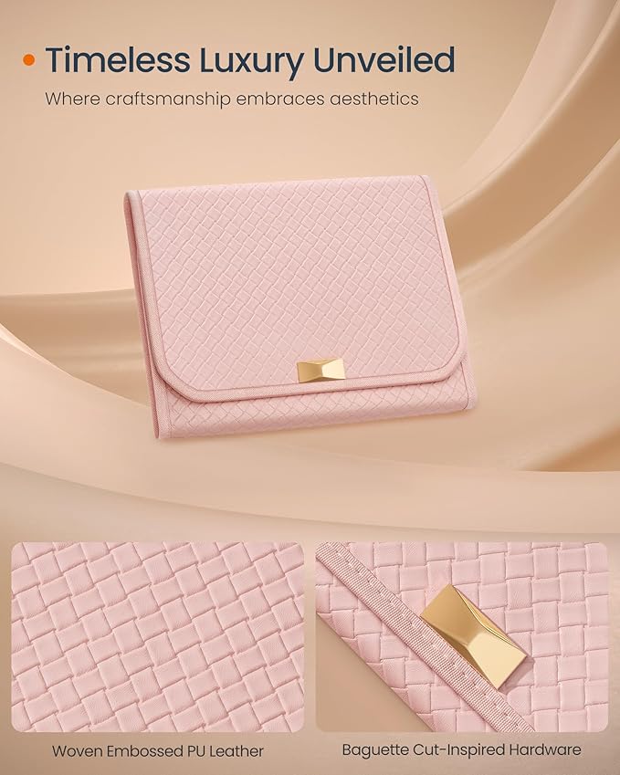 SONGMICS HOME Travel Jewelry Case, Foldable Jewelry Organizer with Mirror, Sectioned Storage, Large Capacity, Woven Embossed PU Leather, Gift Idea, Jelly Pink UJBC196R01