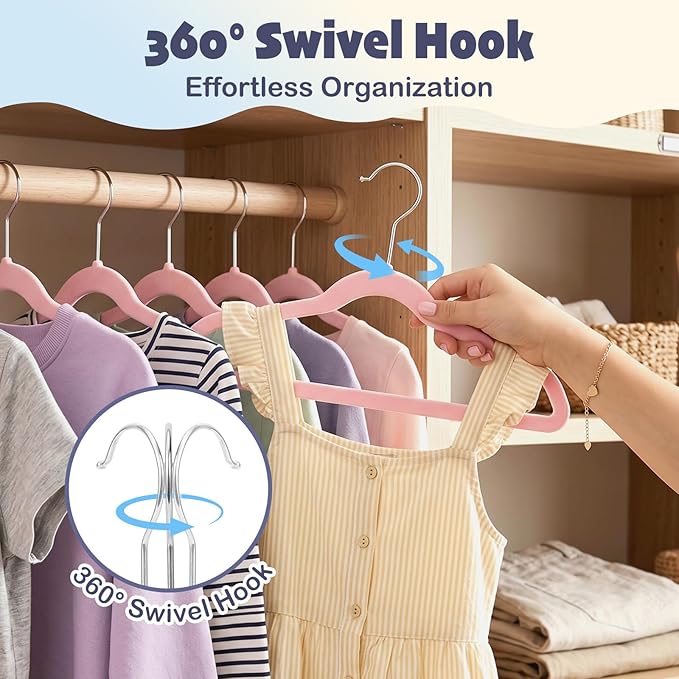 HOUSE DAY 14 Inch Kids Velvet Hangers 50 Pack, Durable Big Kids Hangers, Non Slip Kid Felt Hanger for Youth, Cute Childrens Hanger for Closet, Pink